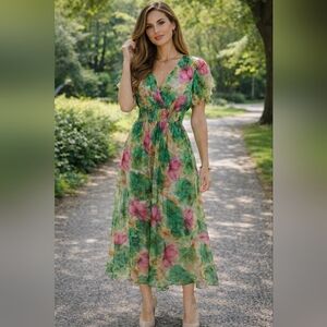 NWT.Le Ragazze Multi Color Silk Mide Dress.Pit To Pit 21"